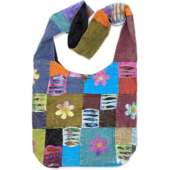Happy Flowers Razor Cut Hippie Patchwork Sling Crossbody Boho Handbag Bohemian - Picture 1 of 6